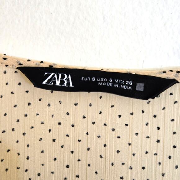 Zara Cream Black Polka Dot Tiered Babydoll Mini Dress Lace V-Neck Size S - Picture 8 of 9